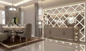 Sala de jantar com buffet e Parede revestida com espelho com led inluminado losangos 3000K