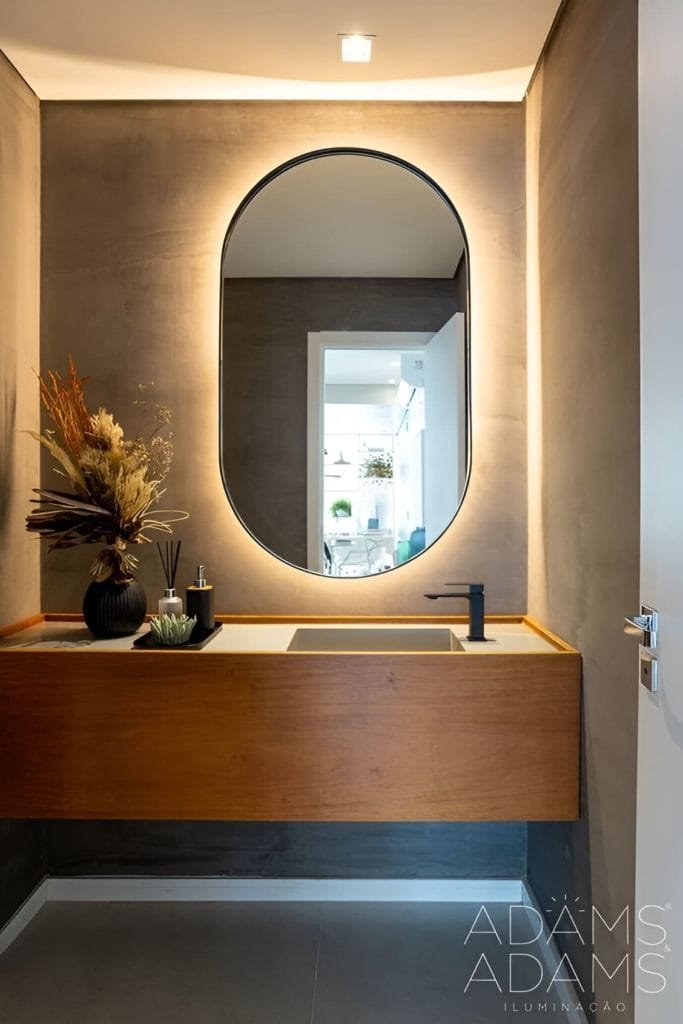 espelho organico capsula com led flutuante e moldura banheiro lavabo (1)