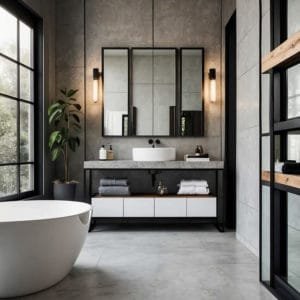 Banheiro minimalista moderno com espelho com moldura preta estilo escandinavo show glass 1