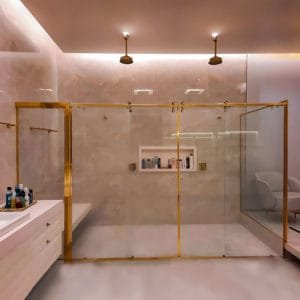 Box de Vidro de Abrir para Banheiro Dourado modelo Elegance Due