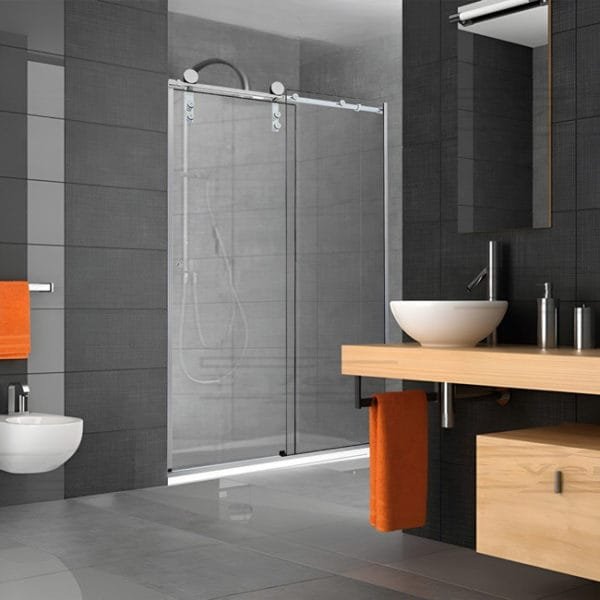 Box de vidro para o banheiro Arezzo cromado inox polido roldana aparente