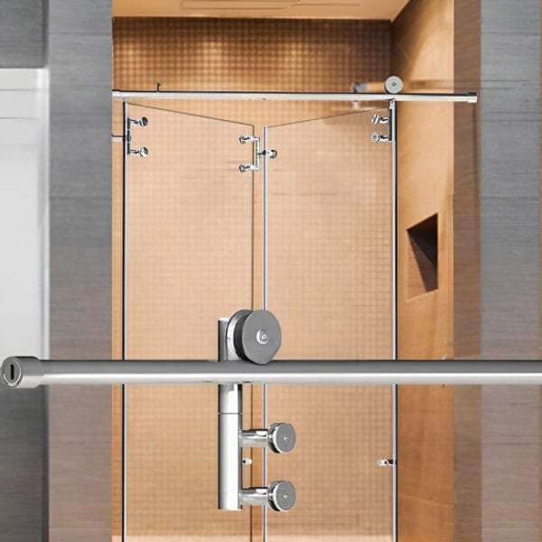 Box de vidro para o banheiro Fontana Articulado cromado inox polido roldana aparente