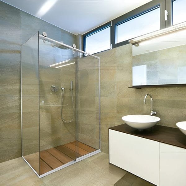 Box de vidro para o banheiro Milano cromado inox polido roldana aparente