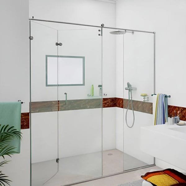 Box de vidro para o banheiro modelo Articulado Arty Prime cromado inox polido ou escovado roldana aparente