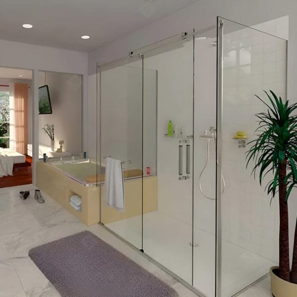 Box de vidro para o banheiro modelo Quadratto cromado inox polido ou escovado roldana aparente