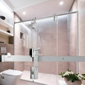 Box de vidro para o banheiro Ravelle cromado inox polido roldana aparente