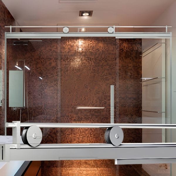 Box de vidro para o banheiro Riali cromado inox polido roldana aparente