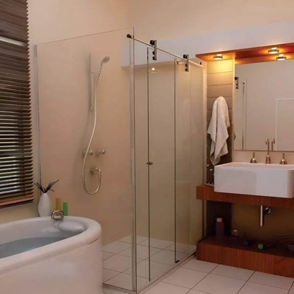 Box de vidro para o banheiro modelo Stilo cromado inox polido ou escovado roldana aparente