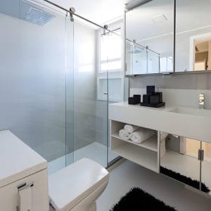 Box de Vidro para Banheiro modelo Lumine Trilho Redondo Inox Polido Roldana Aparente