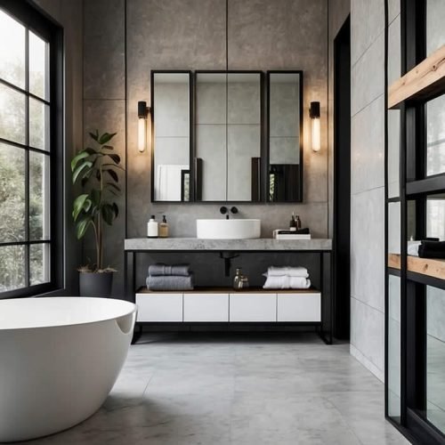 Banheiro minimalista moderno com espelho com moldura preta estilo escandinavo show glass 1