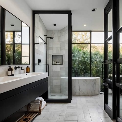 Banheiro minimalista moderno com espelho com moldura preta estilo escandinavo show glass 2